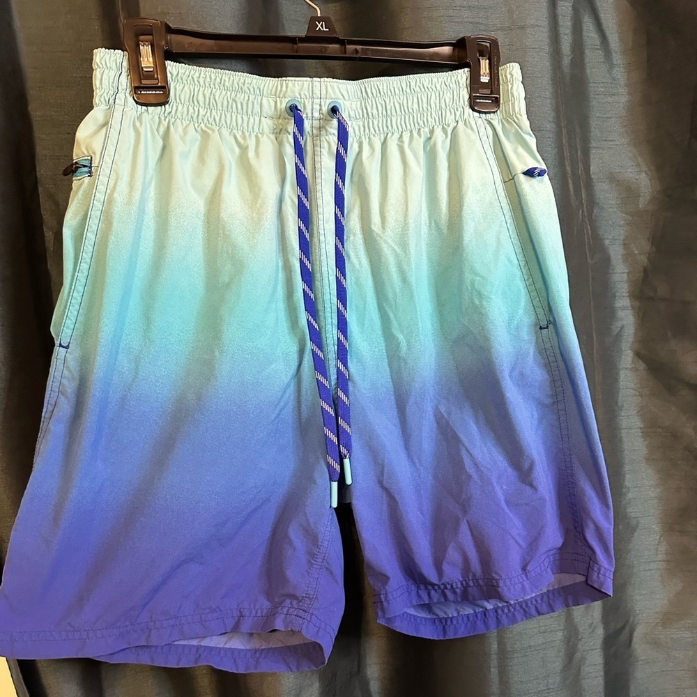 Lands End Gradient Blue Swim Shorts with Open Back and Side Zipped Pockets